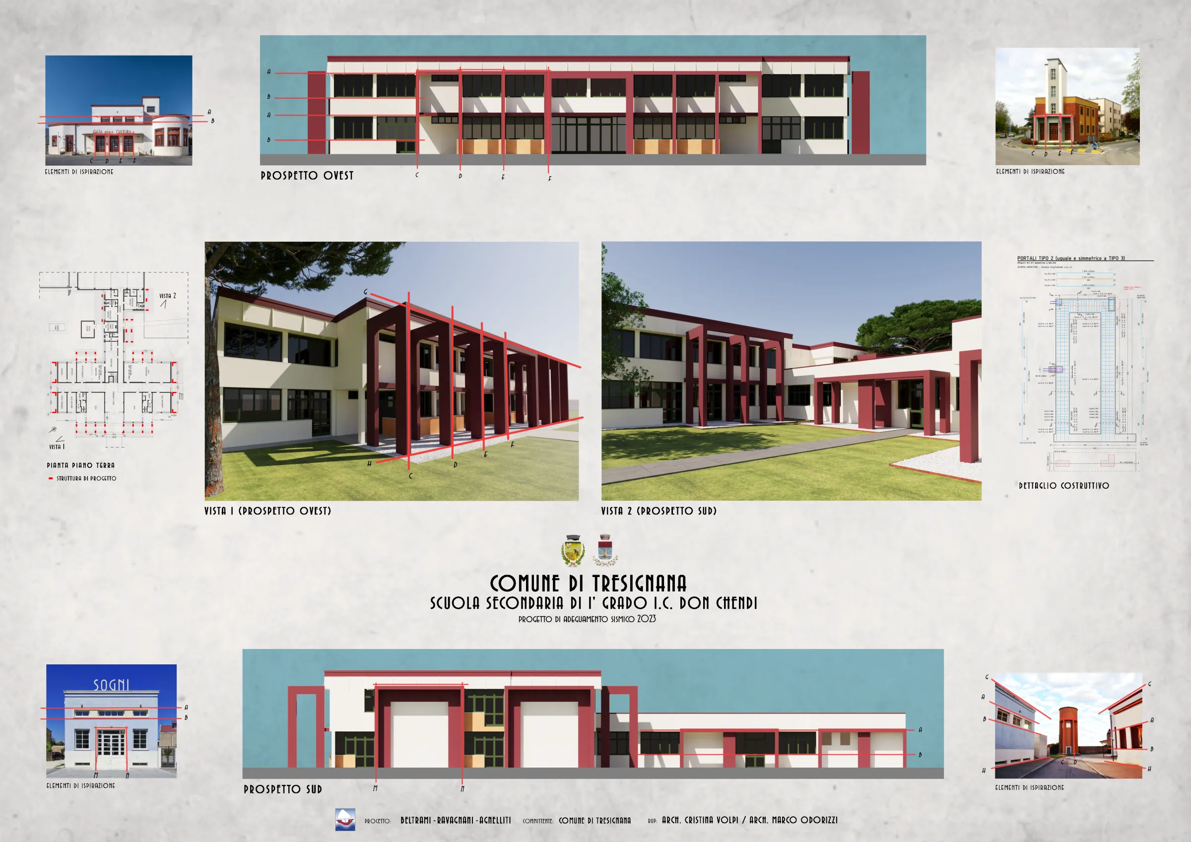 Tavola di sintesi del progetto di adeguamento sismico della scuola di Tresigallo